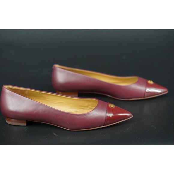 Tory Burch Burgundy Leather Fairford Pointy Toe Ballet Flats SZ 6 Logo $250 New - Picture 11 of 12